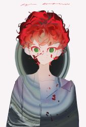 Rule 34 | 1boy, absurdres, blood, blood on clothes, blood on face, chinese commentary, closed mouth, collarbone, colored eyelashes, commentary request, curly hair, expressionless, green eyes, grey jacket, highres, jacket, kyle broflovski, looking at viewer, male focus, mao rongrong huli chu, no sclera, red hair, short hair, solo, south park, upper body