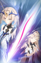 2girls absurdres bare_shoulders black_collar black_dress blonde_hair blue_eyes blue_hair breasts cartethyia_(wuthering_waves) closed_mouth collar colored_inner_hair commentary crown_of_thorns dress dual_persona earrings fleurdelys_(wuthering_waves) floating_earrings highres horns jewelry large_breasts long_hair looking_at_viewer multicolored_hair multiple_girls necklace own_hands_clasped own_hands_together parted_lips pointy_ears qishier_shi_ya_tuo single_horn small_breasts tabard tacet_mark_(wuthering_waves) very_long_hair white_tabard yellow_horns