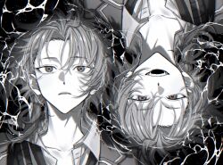 1boy ensemble_stars! frown highres monochrome oo_okioo open_collar open_mouth parted_bangs ponytail smile tsukinaga_leo waves