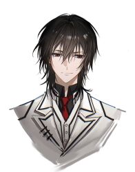 1boy black_hair black_shirt closed_mouth commentary_request cross_academy_school_uniform eyelashes hair_between_eyes highres jacket kuran_kaname looking_to_the_side lvnihongzao male_focus necktie red_eyes red_necktie school_uniform shirt short_hair simple_background solo upper_body vampire_knight white_background white_jacket