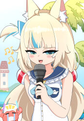 Rule 34 | 1girl, absurdres, ahoge, animal ear fluff, animal ears, blonde hair, blue eyes, blue hair, cat ears, crab, dress, highres, holding, holding microphone, indie virtual youtuber, lighthouse, long hair, low twintails, microphone, multicolored hair, musical note, one side up, onibifazk, sameko saba, sleeveless, sleeveless dress, smile, solo, streaked hair, twintails, very long hair, virtual youtuber, white dress