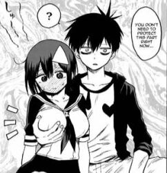 accidental_pervert blood_lad blush breast_fondling breasts embarrassed grabbing_another&#039;s_breast grabbing_from_behind groping groping_breast large_breasts monochrome school_uniform vlad_charlie_staz yanagi_fuyumi