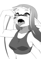 1boy 1girl blush breasts giant giantess greyscale highres inkling_player_character medium_breasts monochrome nintendo open_mouth pero_(pero7762) pointy_ears size_difference splatoon_(series) sports_bra teeth tentacle_hair tongue tongue_out vore