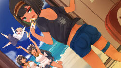 Rule 34 | 4girls, ai maat, apron, ass, astarte (surio), bare legs, barefoot, beach, black hair, black shirt, blonde hair, blue shorts, blue sky, breasts, chinese text, cloud, colored inner hair, commentary, dark-skinned female, dark skin, day, denim, denim shorts, english commentary, green eyes, green hair, hathor (lady and the papyrus), indoors, lady and the papyrus, large breasts, logo, long hair, looking at viewer, looking back, maid headdress, midair, midriff peek, mixed-language commentary, multicolored hair, multiple girls, nephthys (lady and the papyrus), ocean, official art, open mouth, outdoors, red eyes, shirt, short shorts, short sleeves, shorts, skirt, sky, straight hair, surio, thigh strap, very long hair, white apron, white shirt, white wrist cuffs, wrist cuffs