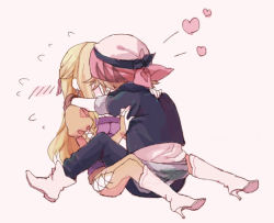 1boy 1girl bandana blonde_hair blue_jacket blue_pants boots celes_chere couple final_fantasy final_fantasy_vi heart hetero hip_vent hug jacket kiss locke_cole long_hair mii_(aad378) pants puffy_sleeves white_footwear yellow_jacket yellow_pants