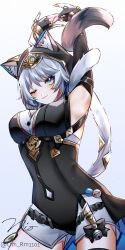 1girl animal_ear_fluff animal_ears arm_up armpits artist_name bell blush breasts cat_ears cat_girl cat_tail cipher_(honkai:_star_rail) closed_mouth fingernails grey_hair hair_between_eyes hair_ornament highres honkai:_star_rail honkai_(series) hood hood_up large_breasts om_rm1101 one_eye_closed sharp_fingernails short_hair signature simple_background smile solo tail twitter_username white_background yellow_nails