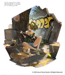 1girl brown_hair choker denim denim_shorts dog green_shirt gun hair_over_one_eye highres holding long_hair off_shoulder original ponytail shirt shoes short_shorts shorts sitting sneakers socks solo weapon wuzao