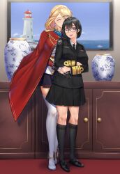 2girls absurdres ahoge azur_lane boat braid cabinet cloak commander_(azur_lane) commission crown_braid earrings female_commander_(azur_lane) full_body glasses highres hoop_earrings hug hug_from_behind irkawaza jewelry lighthouse military military_dress_uniform military_rank_insignia military_uniform multiple_girls naval_dress_uniform naval_uniform necktie one_eye_closed painting_(medium) pleated_skirt pottery prince_of_wales_(azur_lane) qinghua_(porcelain) revision ribbon_bar skirt teardrop_earrings thighhighs traditional_media vase watercraft wife_and_wife yukimura_ryuuko_(ryuuko) yuri zettai_ryouiki