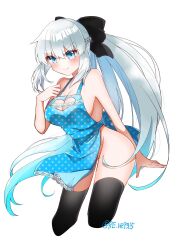 Rule 34 | 1girl, apron, artist name, bare shoulders, black ribbon, black thighhighs, blue apron, blue eyes, breasts, cleavage, cowboy shot, fate/grand order, fate (series), grey hair, hair ribbon, highres, long hair, morgan le fay (fate), naked apron, no pussy, ponytail, re re9315, ribbon, simple background, solo, thighhighs, thighs, twitter username, white background