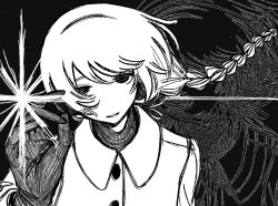 Rule 34 | 1girl, braid, braided ponytail, coat, diffraction spikes, earmuffs, floating hair, gloves, greyscale, half-closed eyes, hand up, head tilt, highres, long hair, long sleeves, looking at viewer, monochrome, parted lips, recurring image, sekka yufu, shirt, simple background, smile, solo, upper body, utau, wada140, winter clothes, winter coat