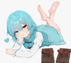 1girl barefoot blue_eyes blue_hair feet geta grin heterochromia highres jager looking_at_viewer lying medium_hair on_stomach red_eyes shoes smile soles tatara_kogasa the_pose toes touhou unworn_shoes