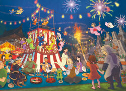 6+boys 6+girls aerial_fireworks alcohol fantasy festival fireworks food fruit ghost instrument japanese_clothes kappa kimono lantern multiple_boys multiple_girls night night_sky obon old original sky smile summer sushi watermelon watermelon_slice yukoiwase