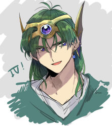Rule 34 | 1boy, :d, aqua tunic, blue eyes, commentary request, dragon quest, dragon quest iv, earrings, fins, forehead protector, fukusuu (zeonms 06s), gem, green hair, grey background, head fins, hero (dq4), jewelry, looking to the side, male focus, medium hair, open mouth, partial commentary, portrait, purple gemstone, shirt, simple background, single earring, smile, solo, tunic, white shirt