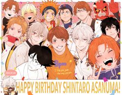 6+boys a3! ace_of_diamond aohitsugi_samatoki asanuma_shintarou bangs_pinned_back baseball_cap blush_stickers cellphone chigasaki_itaru crow_hogan dated facial_tattoo given glasses grin hand_on_own_neck happy_birthday hat heterochromia highres jewelry juran_(zenkaiger) juuouin_kakeru kikai_sentai_zenkaiger king_of_prism king_of_prism_by_prettyrhythm kuramochi_youichi low_ponytail multiple_boys murata_ugetsu nakigitsune nakigitsune&#039;s_fox necklace orange_hair phone ponytail pretty_rhythm pretty_series red_eyes salute smartphone smile spiked_hair super_sentai sweatdrop tattoo thumbs_up touken_ranbu tsukinaga_leo two-finger_salute v voice_actor_connection watashi_(yojouhan) waving yojouhan_shinwa_taikei yu_(yuririnta)
