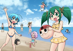 aroma_(nonki_boy) bakamon ball bare_shoulders beach beachball bikini black_hair blue_bikini blue_eyes blue_hair blue_sky breasts brown_hair cleavage cloud collarbone demon_girl demon_tail frilled_bikini frills gachon_jirou goggles goma_(nonki_boy) green_eyes green_hair hair_ribbon hat holding holding_ball holding_beachball houru_ona large_breasts long_hair looking_at_viewer low_twintails makita_mirano mohawk navel nonki_boy ocean one-piece_swimsuit open_mouth outdoors outstretched_arm ribbon sand school_swimsuit short_hair sitting sky smile straw_hat sunglasses swimsuit syotano_tsukiko tail twintails uehara_sadayo water waving