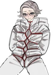 1boy aotsuki_eito bdsm blue_eyes blush bondage bound bound_arms closed_mouth glasses highres male_focus shibari shibari_over_clothes simple_background solo solo_focus sweatdrop the_hundred_line_-last_defense_academy- white_background white_hair