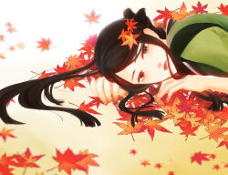 1girl autumn_leaves black_eyes black_hair blurry blurry_background blurry_foreground bokujou_monogatari bokujou_monogatari:_mittsu_no_sato_no_taisetsuna_tomodachi depth_of_field green_kimono hair_bun japanese_clothes kasumi_(bokujou_monogatari) kimono leaf leaf_on_head looking_at_viewer lying maple_leaf on_stomach ponytail pupa115 red_lips side_part sidelocks single_hair_bun solo white_background yellow_background