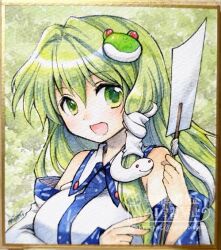 Rule 34 | 1girl, :d, bare shoulders, breasts, collared shirt, detached sleeves, dot nose, frog hair ornament, gohei, green eyes, green hair, hair intakes, hair ornament, hair tubes, holding, holding gohei, kochiya sanae, large breasts, light blush, long hair, long sleeves, looking at viewer, mimi (ikrptppt), open mouth, painting (medium), patterned clothing, shikishi, shirt, signature, single hair tube, single sidelock, sleeveless, sleeveless shirt, smile, snake hair ornament, solo, touhou, traditional media, twitter username, upper body, watercolor (medium), watermark, wide sleeves