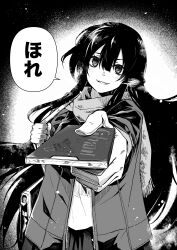 1girl absurdres bag breath chocolate coat commentary_request fate/grand_order fate_(series) food greyscale grin hair_between_eyes hazama_sasami highres holding holding_chocolate holding_food long_hair long_sleeves looking_at_viewer monochrome oda_nobunaga_(fate) oda_nobunaga_(koha-ace) open_clothes open_coat scarf shoulder_bag smile snow solo speech_bubble upper_body valentine