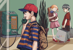 1girl 2boys ana_(mother) backpack bag baseball_bat black_hair blonde_hair bread closed_eyes dress food full_body glasses grey_hair groceries grocery_bag gus_uur indoors lloyd_(mother) mary_janes mother_(series) mother_1 multiple_boys ninten nintendo open_mouth payphone phone plant potted_plant shirt shoes shopping_bag short_hair shorts standing striped_clothes striped_shirt twintails