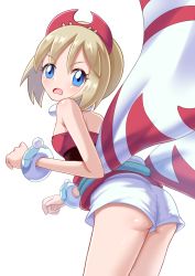Rule 34 | 1girl, arm wrap, ass, blonde hair, creatures (company), game freak, hairband, highres, irida (pokemon), jewelry, neck ring, nintendo, ossannoa, pokemon, pokemon legends: arceus, red hairband, red shirt, shirt, short hair, shorts, simple background, solo, strapless, strapless shirt, waist cape, white background, white shorts