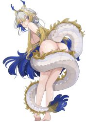 1girl absurdres aqua_eyes arknights ass blonde_hair blue_hair blush breasts completely_nude convenient_censoring dragon_girl dragon_horns eastern_dragon_horns eastern_dragon_tail from_behind full_body hair_between_eyes highres horns ken_(shutenndouji1) long_hair looking_at_viewer looking_back medium_breasts multicolored_hair nude orange_pupils pointy_ears shu_(arknights) sideboob simple_background solo streaked_hair tail tail_wrap very_long_hair white_background white_hair