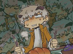 1boy @_@ chibi closed_eyes closed_mouth coat covering_own_mouth disgust eating food food_in_mouth fork grey_eyes grey_hair hand_over_own_mouth holding horns long_sleeves male_focus metaphor:_refantazio multiple_views open_clothes open_coat open_mouth orange_coat plate rolling_eyes sach56000 strohl_(metaphor:_refantazio) sweat tears trembling