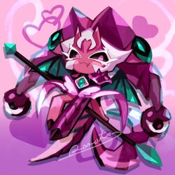 1other :3 armor artist_name asymmetrical_clothes black_sclera black_shoes closed_mouth colored_eyelashes colored_sclera colored_skin commentary_request cookie_run cookie_run:_ovenbreak dragon_tail dragon_wings drop_shadow fang full_body gradient_background green_brooch green_wings hat heart highres holding holding_staff knees_apart_feet_together looking_at_viewer lychee_dragon_cookie other_focus pink_background pink_hat pink_skin pink_tail pink_theme purple_background rn9j shoes short_hair shoulder_armor simple_background single_pantsleg solo staff tail white_eyelashes wings