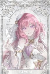 1girl absurdres breasts character_name commentary corset diamond-shaped_pupils diamond_(shape) do_myzu elf elysia_(herrscher_of_human:_ego)_(honkai_impact) elysia_(honkai_impact) english_commentary highres honkai_(series) honkai_impact_3rd large_breasts long_hair pink_hair pointy_ears purple_eyes sample_watermark smile solo symbol-shaped_pupils triquetra upper_body veil very_long_hair watermark white_corset white_veil