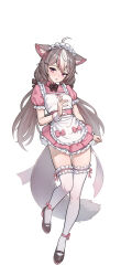1girl absurdres ahoge animal_ear_fluff animal_ears apron black_bow black_bowtie black_shoes bow bowtie brown_hair dress fang frilled_apron frilled_dress frills gotica hair_bow highres long_hair maid maid_headdress multicolored_hair nana_ring open_mouth pink_bow pink_dress pink_eyes pink_hair shadow shoes skin_fang solo streaked_hair tail thighhighs vlyz white_apron white_background white_hair white_thighhighs