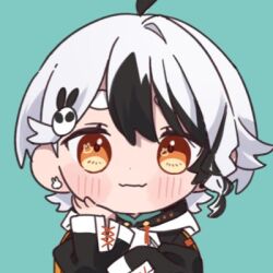 1girl :3 ahoge aqua_background black_hair black_jacket blush chibi closed_mouth commentary_request earrings hair_ornament head_rest hood hood_down indie_virtual_youtuber jacket jewelry kashikaze kashikaze_(vtuber) long_sleeves looking_at_viewer lowres multicolored_hair orange_eyes rabbit_earrings rabbit_hair_ornament simple_background sleeves_past_fingers sleeves_past_wrists solo symbol_in_eye two-tone_hair upper_body white_hair