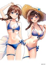 1girl :d ahoge bikini blue_bikini blue_eyes braid breasts brown_hair cleavage commentary_request cowboy_shot dated front-tie_bikini_top front-tie_top hair_flaps hair_over_shoulder halterneck hanako_(peanut) hat highres kantai_collection large_breasts long_hair looking_at_viewer medium_breasts navel official_alternate_costume open_mouth revision shigure_(kancolle) shigure_kai_san_(kancolle) shigure_kai_san_(swimsuit)_(kancolle) shirt side-tie_bikini_bottom simple_background single_braid smile solo straw_hat string_bikini sun_hat swimsuit underboob unworn_shirt white_background