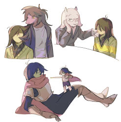 1other 2girls animal_ears armor black_shirt blue_hair brown_hair cheek_pull chinese_commentary collared_shirt colored_skin commentary_request deltarune goat_ears goat_girl goat_horns green_sweater hair_in_another&#039;s_mouth hero_sword_(deltarune) highres holding holding_sword holding_weapon horns kris_(dark_world)_(deltarune) kris_(deltarune) long_hair medium_hair mini_person multiple_girls purple_skin reptile_girl shirt si_ben_huan single_horizontal_stripe striped_clothes striped_sweater susie_(deltarune) sweater sword toriel weapon white_fur white_shirt yellow_eyes