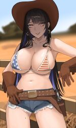 1girl absurdres american_flag american_flag_bikini american_flag_print azisugito belt bikini black_hair blue_hair blue_sky breasts cleavage collarbone colored_inner_hair cowboy_hat day farm fence flag_print flag_print_bikini fourth_of_july gloves gun handgun hat highres hololive hololive_english holster large_breasts leaning_back long_hair looking_at_viewer mole mole_under_eye multicolored_hair navel nerissa_ravencroft outdoors print_bikini print_swimsuit red_eyes rural scenery sky smile solo star_(symbol) star_print swimsuit thigh_holster two-tone_hair united_states very_long_hair virtual_youtuber weapon wooden_fence