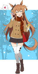 1girl ^_^ alternate_costume animal_ears bag black_skirt blush boots brown_boots brown_hair brown_jacket buttons can closed_eyes double-breasted facing_viewer full_body hand_up handbag hands_up heart highres holding holding_can horse_ears horse_girl horse_tail jacket lace-up_boots long_hair long_sleeves mayano_top_gun_(umamusume) nel-c open_mouth scarf shiruko_(food) shoulder_bag skirt smile solo spoken_heart sweater tail thighhighs two_side_up umamusume walking