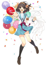 1girl :d anniversary armband balloon belt black_socks blue_skirt brown_eyes brown_hair brown_shoes confetti foreshortening full_body hair_ribbon hairband holding holding_balloon ito_noizi kneehighs leg_up loafers long_sleeves looking_at_viewer open_mouth orange_hairband outstretched_arm reaching reaching_towards_viewer ribbon sailor_collar school_uniform serafuku shirt shoes short_hair simple_background skirt smile smiley_face socks solo suzumiya_haruhi suzumiya_haruhi_no_yuuutsu white_background white_shirt yellow_armband