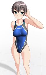 1girl absurdres black_hair blue_eyes blue_one-piece_swimsuit breasts commentary_request competition_swimsuit covered_navel feet_out_of_frame groin highleg highleg_one-piece_swimsuit highres medium_breasts multicolored_swimsuit one-piece_swimsuit original short_hair simple_background solo swimsuit takafumi tile_floor tiles tomboy variant_set white_background