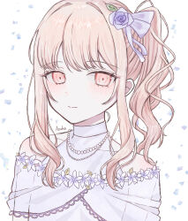 1other akiyama_mizuki arms_at_sides artist_name azuha_0 bare_shoulders bow closed_mouth collarbone flower hair_bow hair_flower hair_ornament highres jewelry leaf long_hair looking_at_viewer necklace other_focus pearl_necklace pink_eyes pink_hair project_sekai purple_bow purple_flower purple_rose rose see-through_clothes shirt side_ponytail sidelocks simple_background sleeveless sleeveless_shirt smile solo swept_bangs turtleneck turtleneck_shirt upper_body wavy_hair white_background