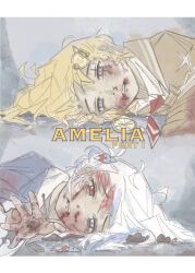 2girls blonde_hair blood blood_on_clothes blood_on_face blue_eyes blue_hair blue_hoodie brown_coat bruise bruise_on_face caimu6 coat crying crying_with_eyes_open gawr_gura gawr_gura_(1st_costume) hair_ornament heterochromia highres hololive hololive_english hood hoodie injury lying multicolored_hair multiple_girls on_side pocket_watch red_eyes shark_girl shark_hair_ornament streaked_hair tears virtual_youtuber watch watson_amelia watson_amelia_(1st_costume) white_hair