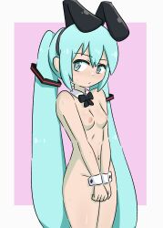 1girl aged_down black_bow blue_eyes blue_hair blush bow breasts closed_mouth female_focus hatsune_miku jua long_hair navel nipples nose nude pink_background small_breasts solo standing sweat thighhighs vocaloid wet