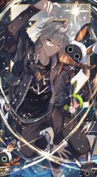 1boy aqueasirius arm_between_legs arm_up bangboo_(zenless_zone_zero) black_jacket black_pants black_shirt bomb chinese_commentary collared_jacket commentary explosive green_eyes grey_hair hair_between_eyes high_collar highres jacket layered_sleeves logo long_sleeves male_focus neckerchief orange_neckerchief pants print_shirt shirt shoes short_over_long_sleeves short_sleeves shoulder_belt sneakers solo sparkle white_hair white_shoes wide_sleeves wind wise_(zenless_zone_zero) zenless_zone_zero zipper