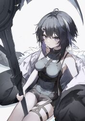 1girl arknights bare_shoulders belt between_breasts black_belt black_hair black_shorts breasts greypidjun highres la_pluma_(arknights) looking_at_viewer medium_breasts multicolored_hair parted_lips purple_hair shorts simple_background sitting solo teeth thighs two-tone_hair white_background