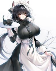 1girl absurdres alternate_breast_size alternate_costume animal_ears antenna_hair apron black_dress black_hair breasts cat cat_ears cat_girl center_frills closed_mouth commentary dress earrings english_commentary enmaided female_rover_(wuthering_waves) frills hair_ornament hairclip highres holding holding_tray huge_breasts jewelry kemonomimi_mode long_dress long_hair long_sleeves looking_at_viewer maid maid_headdress paid_reward_available parallel_hairclips rourou_(been) rover_(wuthering_waves) simple_background solo tray triangle_earrings very_long_hair white_background wuthering_waves yellow_eyes