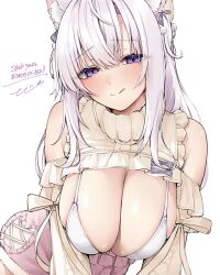 1girl :q animal_ears bare_shoulders blush breasts cleavage closed_mouth clothing_cutout commentary_request commission huge_breasts long_hair long_sleeves looking_at_viewer mono_(mo_n_mno) original purple_eyes shoulder_cutout simple_background skeb_commission smile solo tongue tongue_out white_background white_hair