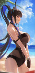 1girl absurdres arm_strap black_gloves black_hair black_one-piece_swimsuit blue_hair blue_sky blurry blurry_background braid breasts casual_one-piece_swimsuit cleavage closed_mouth cloud colored_inner_hair commentary day edwin62293123 fingerless_gloves flower from_side gloves hashtag-only_commentary high_ponytail highres hololive hololive_english holonatsu_paradise horn_flower large_breasts light_smile long_hair multicolored_hair nerissa_ravencroft nerissa_ravencroft_(holonatsu_paradise) ocean official_alternate_costume official_alternate_hairstyle one-piece_swimsuit outdoors palm_leaf ponytail side_braid sidelocks single_braid sky solo swimsuit very_long_hair virtual_youtuber