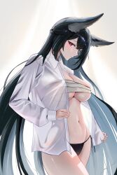 1girl absurdres animal_ear_fluff animal_ears black_hair black_panties blush breasts chest_sarashi chowol closed_mouth collared_shirt cowboy_shot fox_ears hair_between_eyes highres hoshimi_miyabi large_breasts long_hair looking_at_viewer navel open_clothes open_shirt panties red_eyes sarashi shirt solo sweat underwear white_shirt zenless_zone_zero