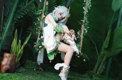 Rule 34 | absurdres, bare shoulders, closed eyes, cosplay photo, detached sleeves, dress, from side, gradient hair, highres, long hair, multicolored hair, nahida (genshin impact), outdoors, photo (medium), pointy ears, sitting, sleeping, solo, white dress, white hair