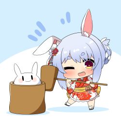 Rule 34 | 1girl, ;d, animal ear legwear, animal ears, back bow, black sandals, blue background, blue hair, blush, bow, braid, braided bun, chibi, chibi only, creature, don-chan (usada pekora), double bun, full body, hair bun, hair ornament, hikimayu, holding, holding mallet, hololive, japanese clothes, kanzashi, kimono, kimono skirt, kine, looking at viewer, mallet, multicolored hair, obi, official alternate costume, official alternate hairstyle, one eye closed, open mouth, orange eyes, pekomon (usada pekora), rabbit-shaped pupils, rabbit ear legwear, rabbit ears, red kimono, sandals, sash, short eyebrows, short hair, short kimono, sidelocks, sleeves rolled up, smile, socks, solo, symbol-shaped pupils, tassel, tassel hair ornament, tasuki, thick eyebrows, two-tone hair, twumi, usada pekora, usada pekora (new year), usagi kine, virtual youtuber, white hair, white socks