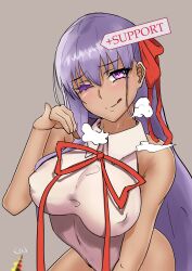 1girl absurdres bare_shoulders bb_(fate) bb_(swimsuit_mooncancer)_(fate) bb_(swimsuit_mooncancer)_(third_ascension)_(fate) blush breasts covered_erect_nipples dark-skinned_female dark_skin fate/grand_order fate_(series) hair_ribbon highleg highleg_leotard highres large_breasts leotard licking_lips long_hair looking_at_viewer neck_ribbon one_eye_closed purple_eyes purple_hair red_ribbon ribbon s4ika smile solo tan tongue tongue_out very_long_hair white_leotard