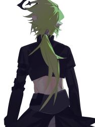 1boy aotu_world back belt black_belt black_gloves black_jacket black_pants chinese_commentary cowboy_shot crop_top cropped_jacket facing_away from_behind gloves green_hair halo highres jacket long_hair long_sleeves low_ponytail male_focus midriff pants pointy_ears ponytail simple_background sitting solo waist_cape white_background xander_(aotu_world) xianshuizhuliyu
